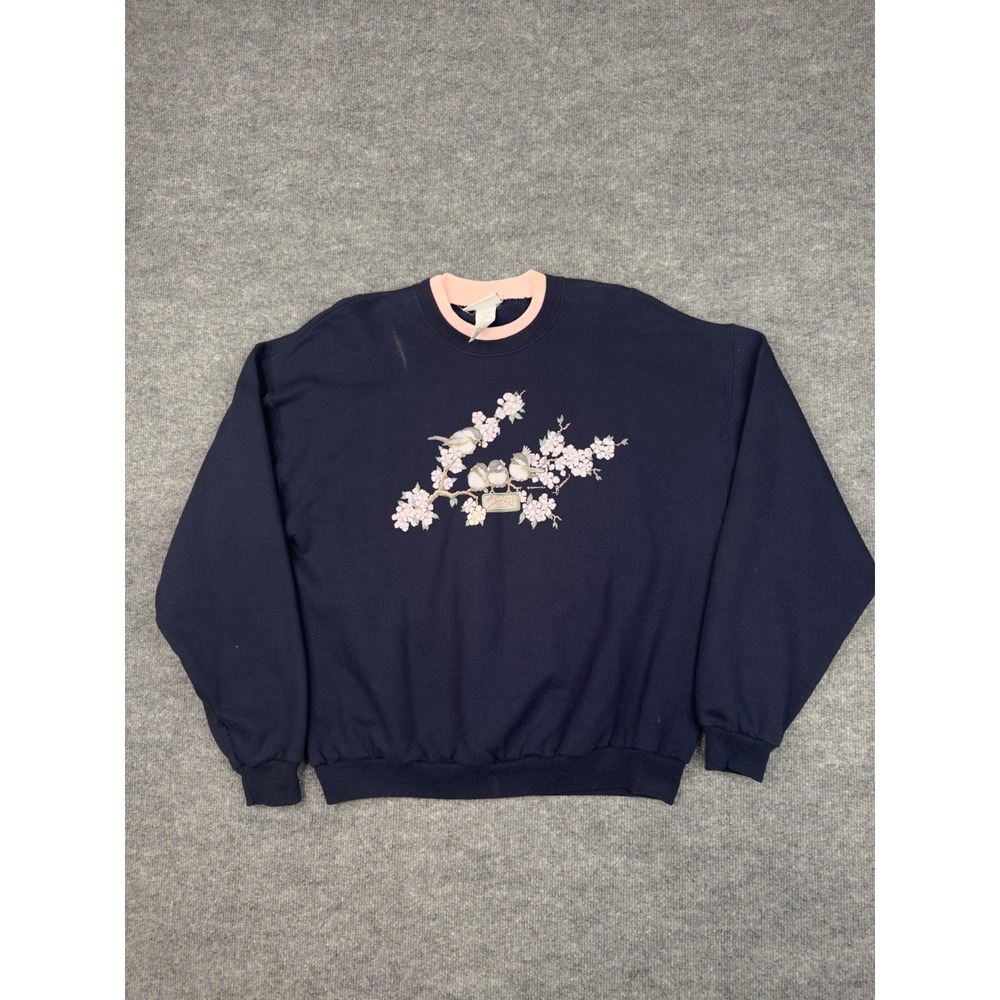 Morning Sun XL Navy Pink Floral Birds Breakfast Club Sweatshirt Vintage Crewneck